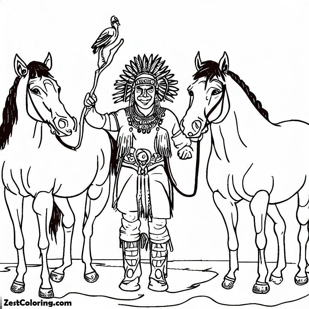 Horse, Indian With His Horses Coloring Page: Indian With His Horses Coloring PageFull Size Image