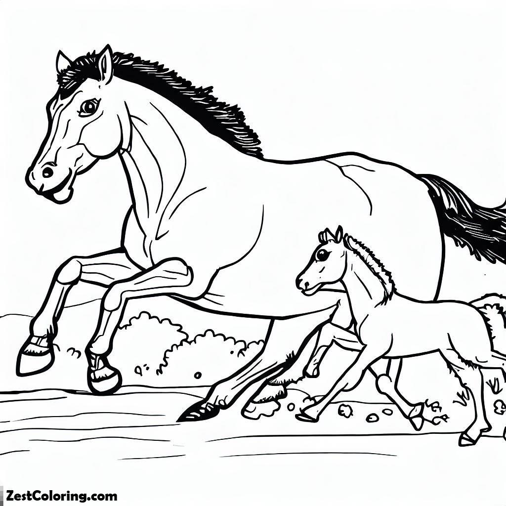 Horse, Little Horse Running With His Mother In Horses Coloring Page: Little Horse Running With His Mother In Horses Coloring PageFull Size Image