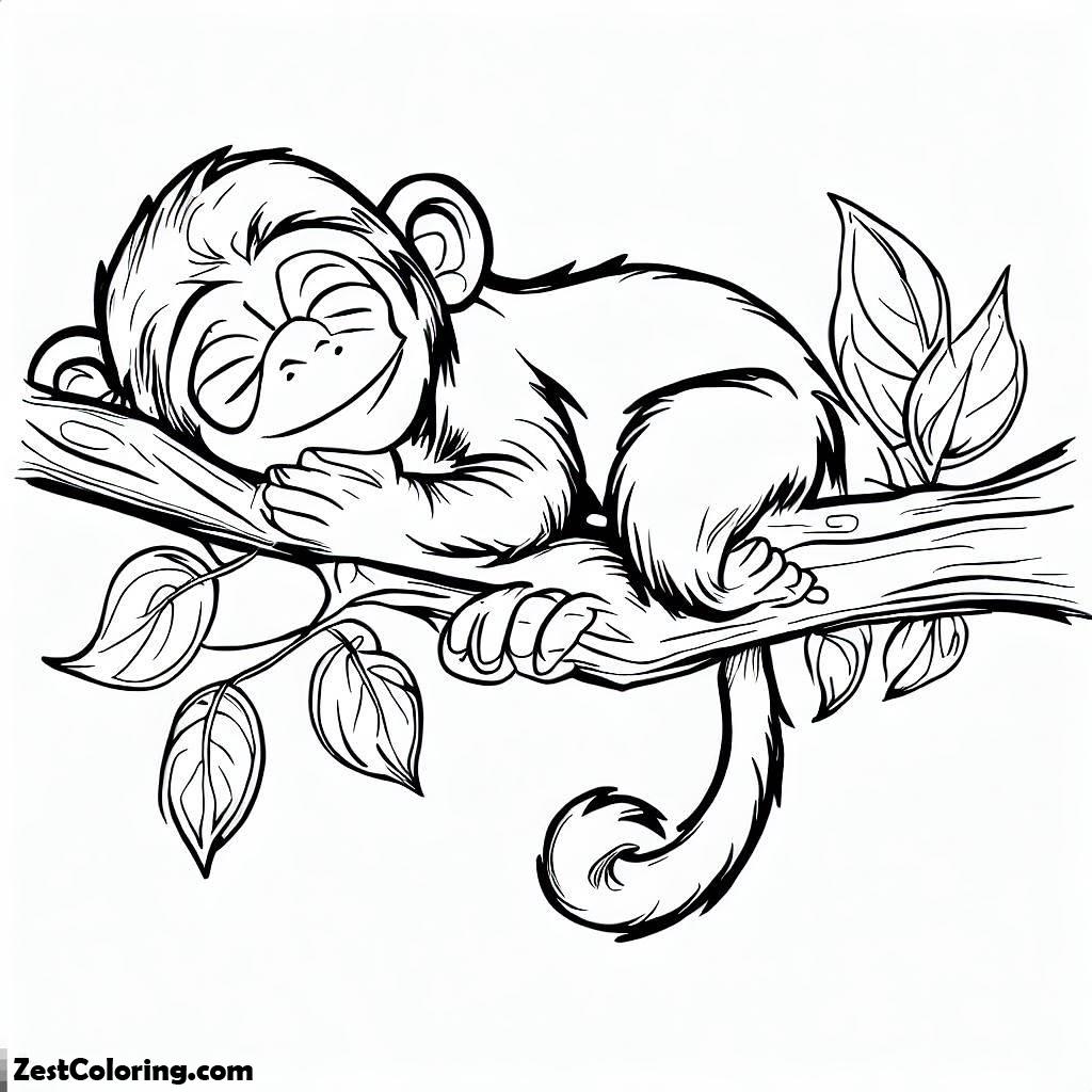 Monkey, Monkey Sleeping On A Branch Tree Coloring Page: Monkey Sleeping On A Branch Tree Coloring PageFull Size Image