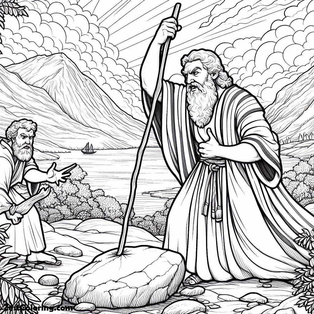 Moses, Moses Strike His Stick To The Rock Coloring Page: Moses Strike His Stick To The Rock Coloring PageFull Size Image