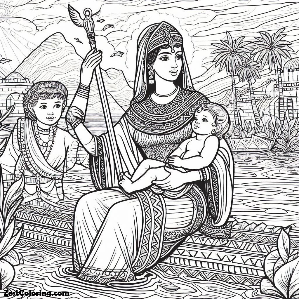 Moses, Queen Bithina Found Moses At Nile River Coloring Page: Queen Bithina Found Moses At Nile River Coloring PageFull Size Image