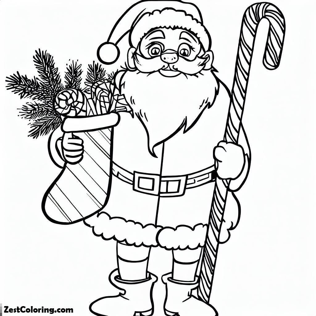 Christmas, Santa Claus Holding A Candy Cane And Christmas Stocking On Christmas Coloring Page: Santa Claus Holding A Candy Cane And Christmas Stocking On Christmas Coloring PageFull Size Image