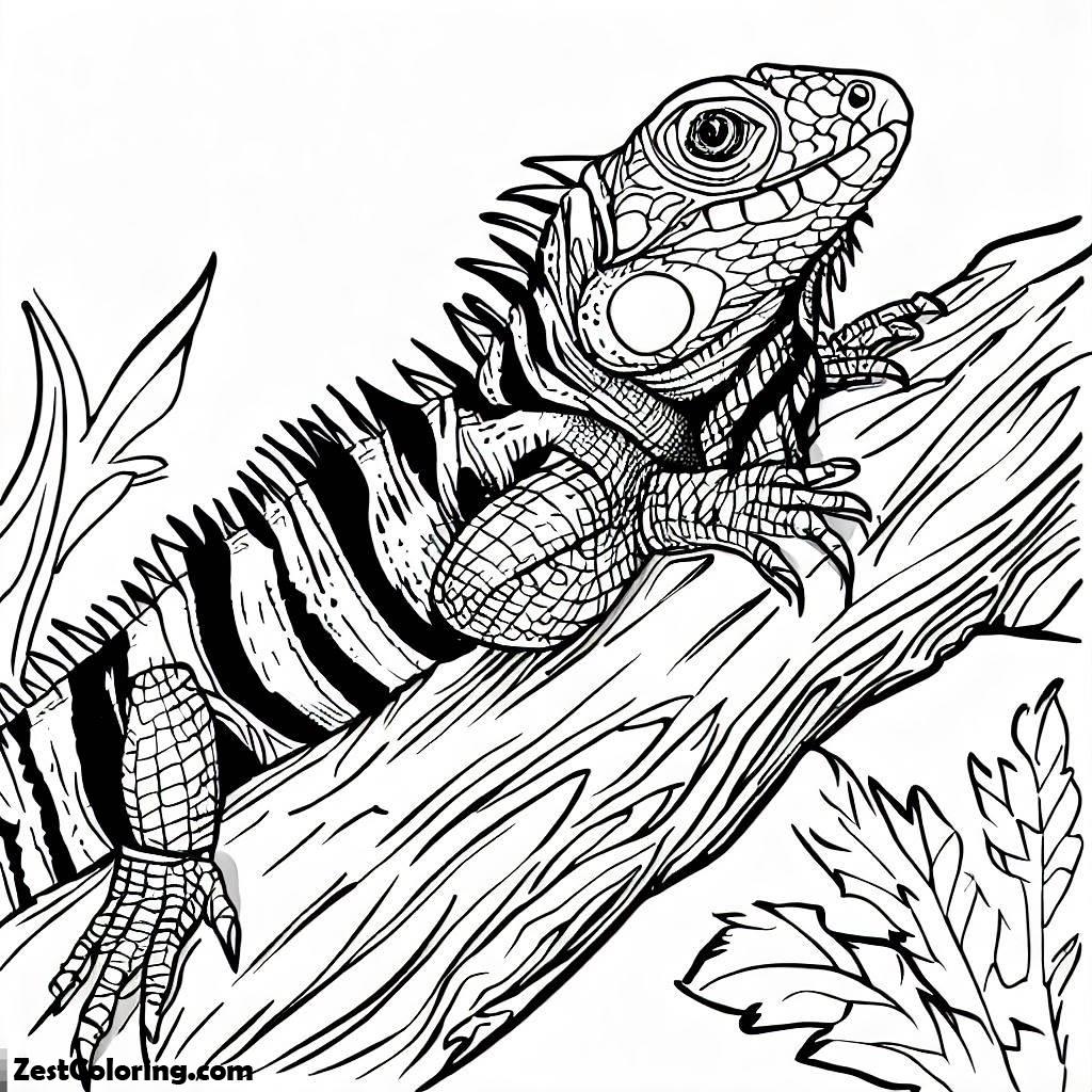 Iguana, Striped Iguana On A Tree Coloring Page: Striped Iguana On A Tree Coloring PageFull Size Image