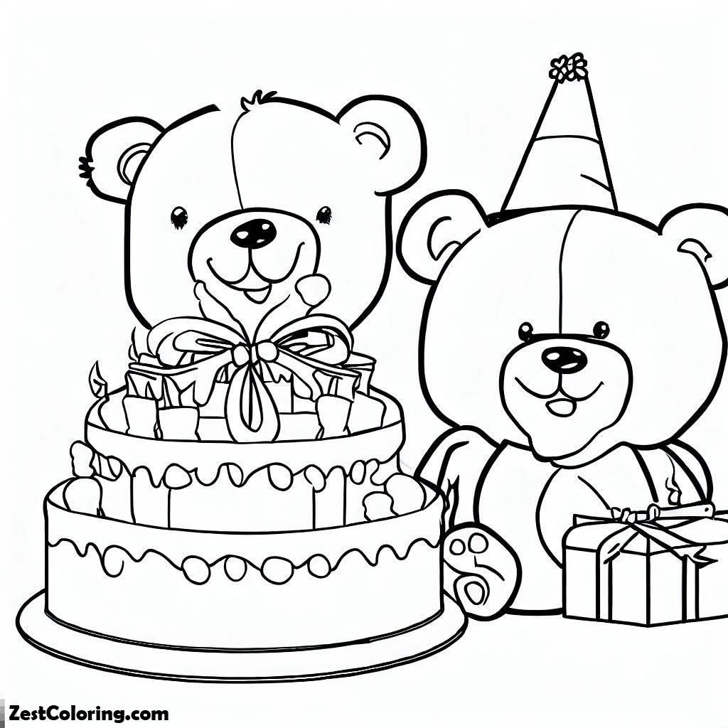 Teddy Bear And Present And Happy Birthday Cake Coloring Page : Coloring