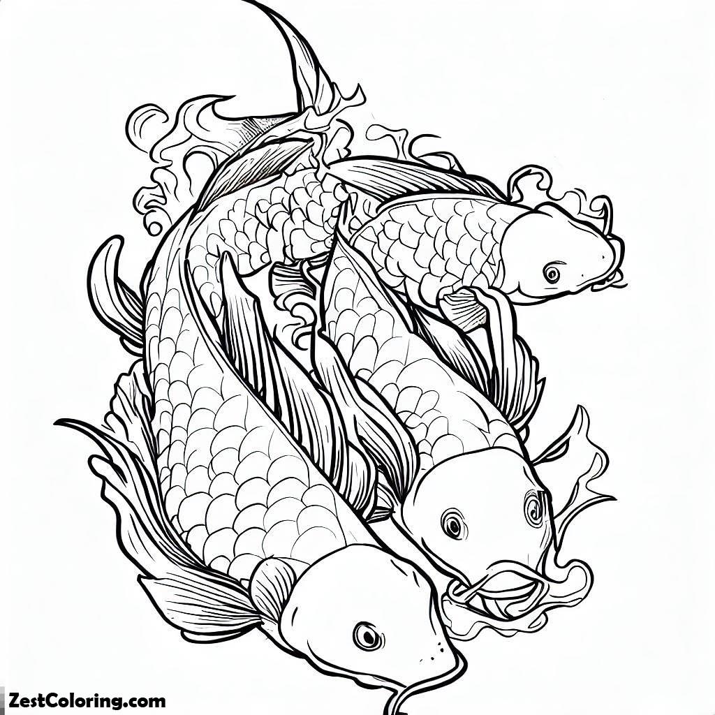 Koi Fish, Three Koi Fish Swiming Around At The Lake Coloring Pages: Three Koi Fish Swiming Around At The Lake Coloring PagesFull Size Image