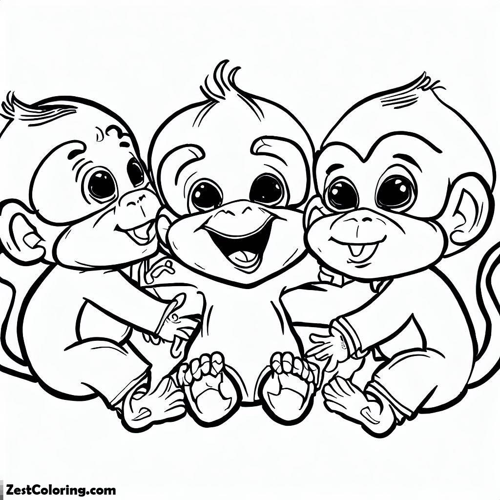 Monkey, Three Little Funny Monkey Playing Together Coloring Page: Three Little Funny Monkey Playing Together Coloring PageFull Size Image