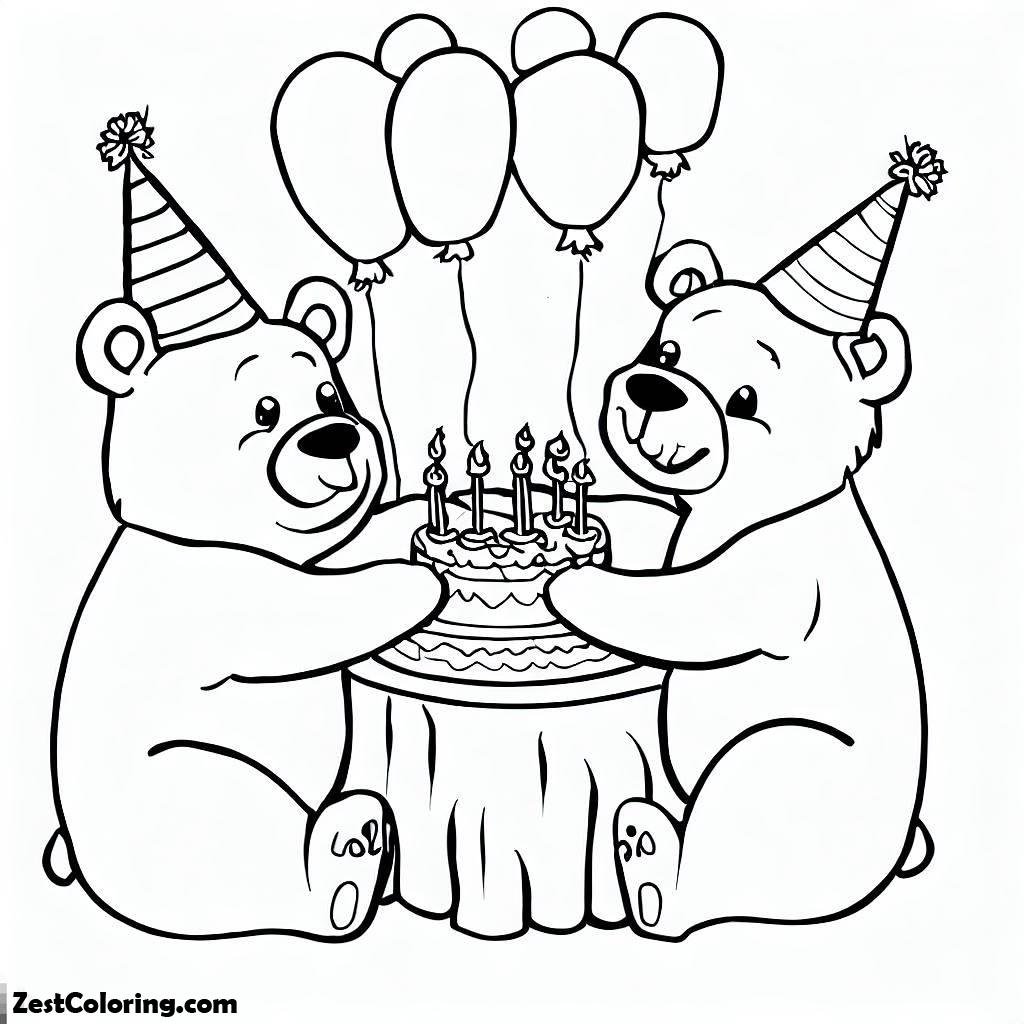 Happy Birthday, Two Bear At Happy Birthday Party Coloring Page: Two Bear At Happy Birthday Party Coloring PageFull Size Image