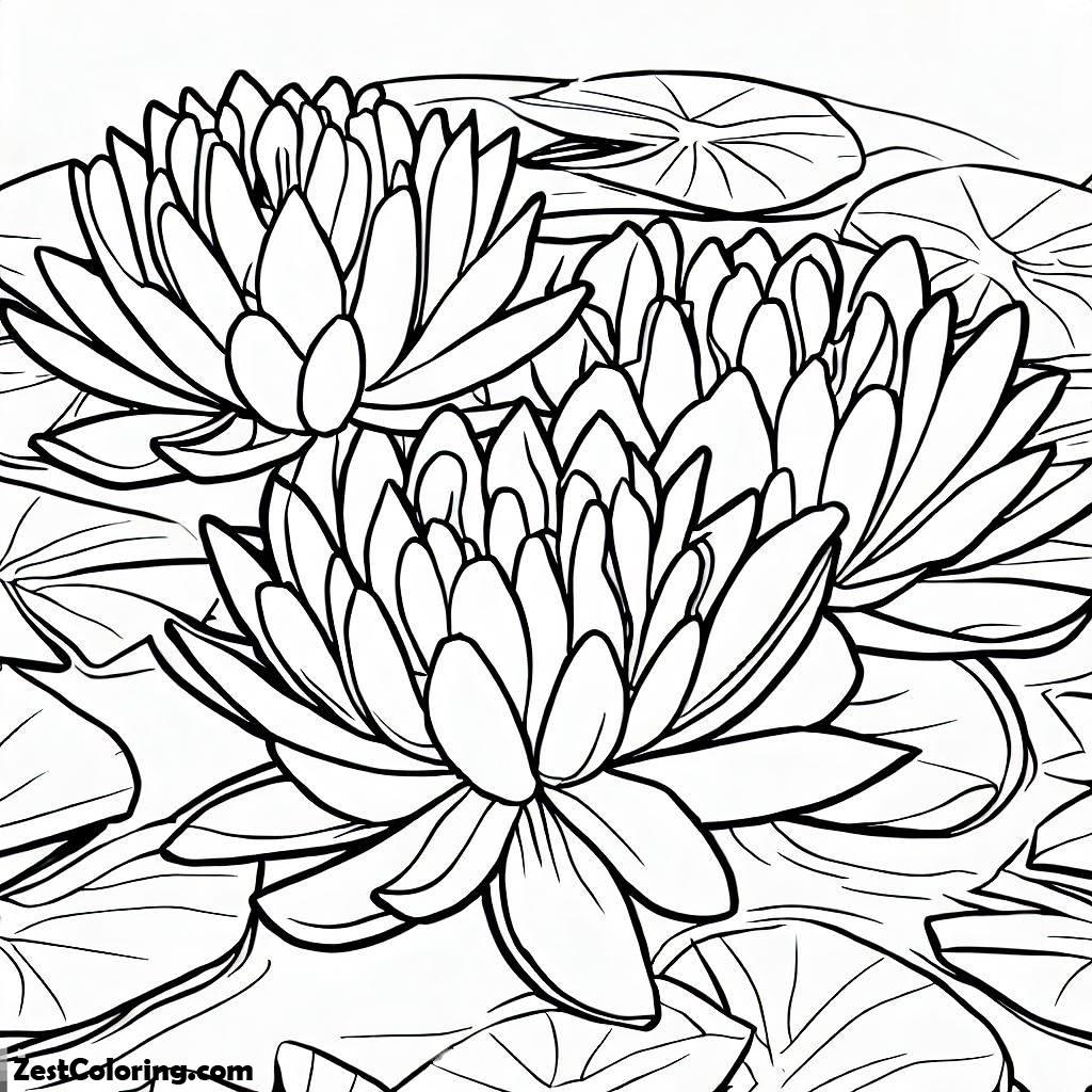 Lily Pad, Water Lily Flowers Among Lily Pad Coloring Page: Water Lily Flowers Among Lily Pad Coloring PageFull Size Image