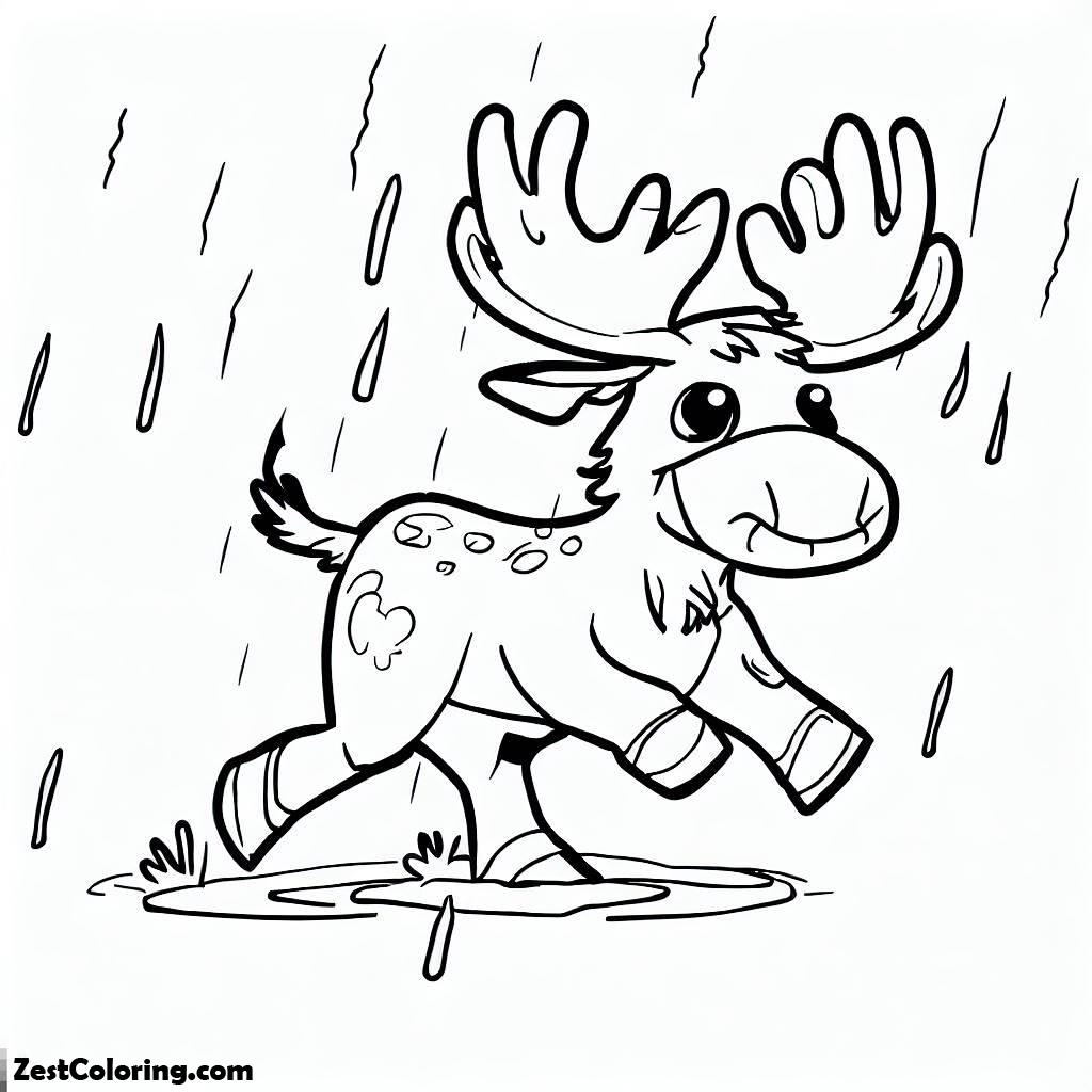 Moose, A Little Moose Running In The Rain Coloring Page: A Little Moose Running In The Rain Coloring PageFull Size Image