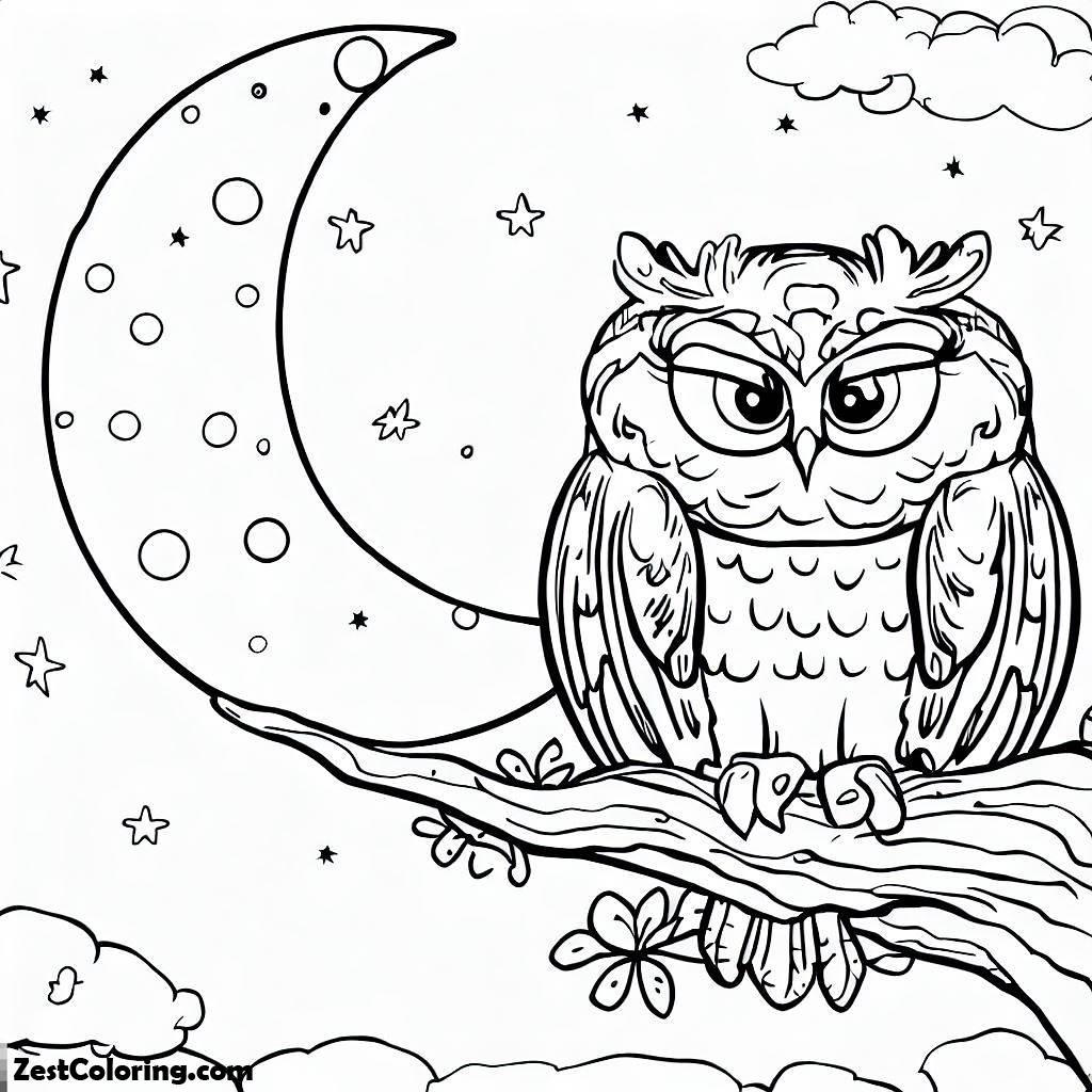 Owl, Moon And Owl Coloring Page: Moon And Owl Coloring PageFull Size Image