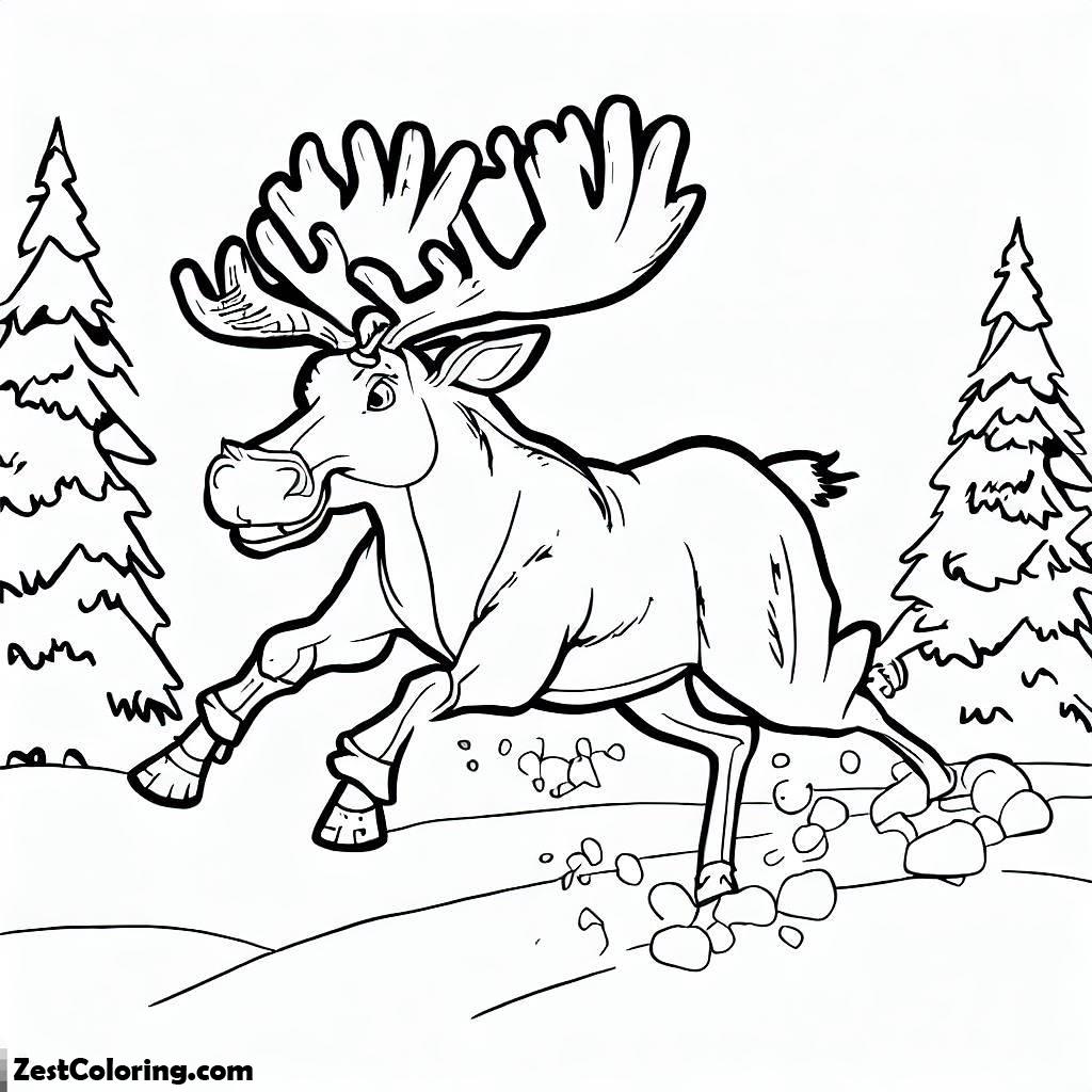 Moose, Moose Running In Winter Time Coloring Page: Moose Running In Winter Time Coloring PageFull Size Image