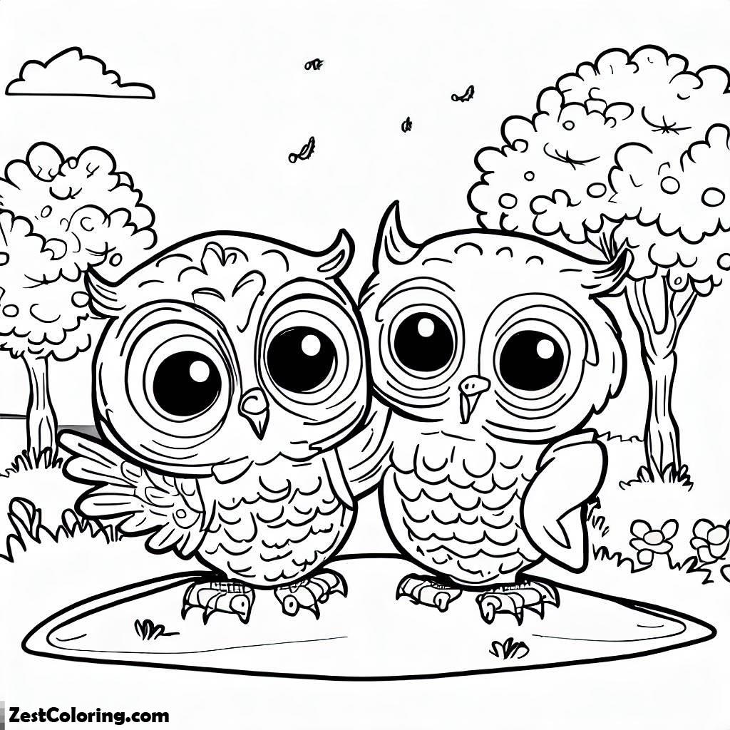 Owl, Two Little Owl Playing Together At The Park Coloring Page: Two Little Owl Playing Together At The Park Coloring PageFull Size Image