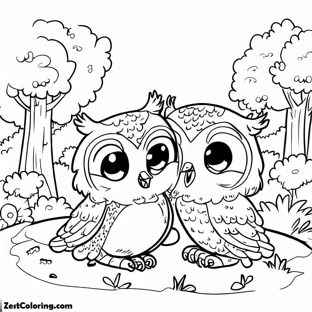 Owl, Two Little Owl Playing Together Coloring Page: Two Little Owl Playing Together Coloring PageFull Size Image