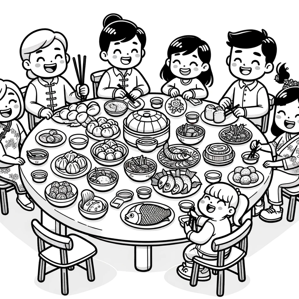 Chinese New Year, A Family Having Chinese New Year Feast Coloring Page 2: A Family Having Chinese New Year Feast Coloring Page 2Full Size Image