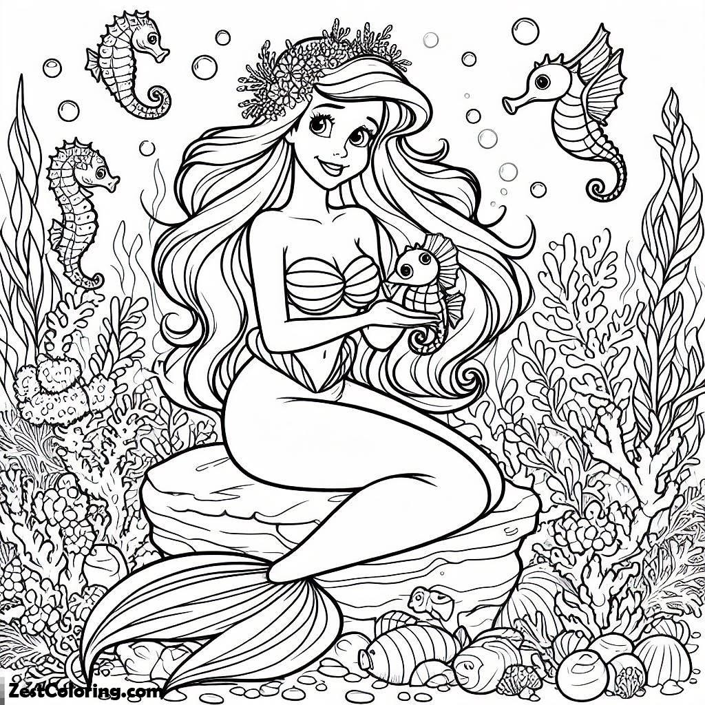 Ariel, Ariel And Little Cute Sea Horse Coloring Page: Ariel And Little Cute Sea Horse Coloring PageFull Size Image
