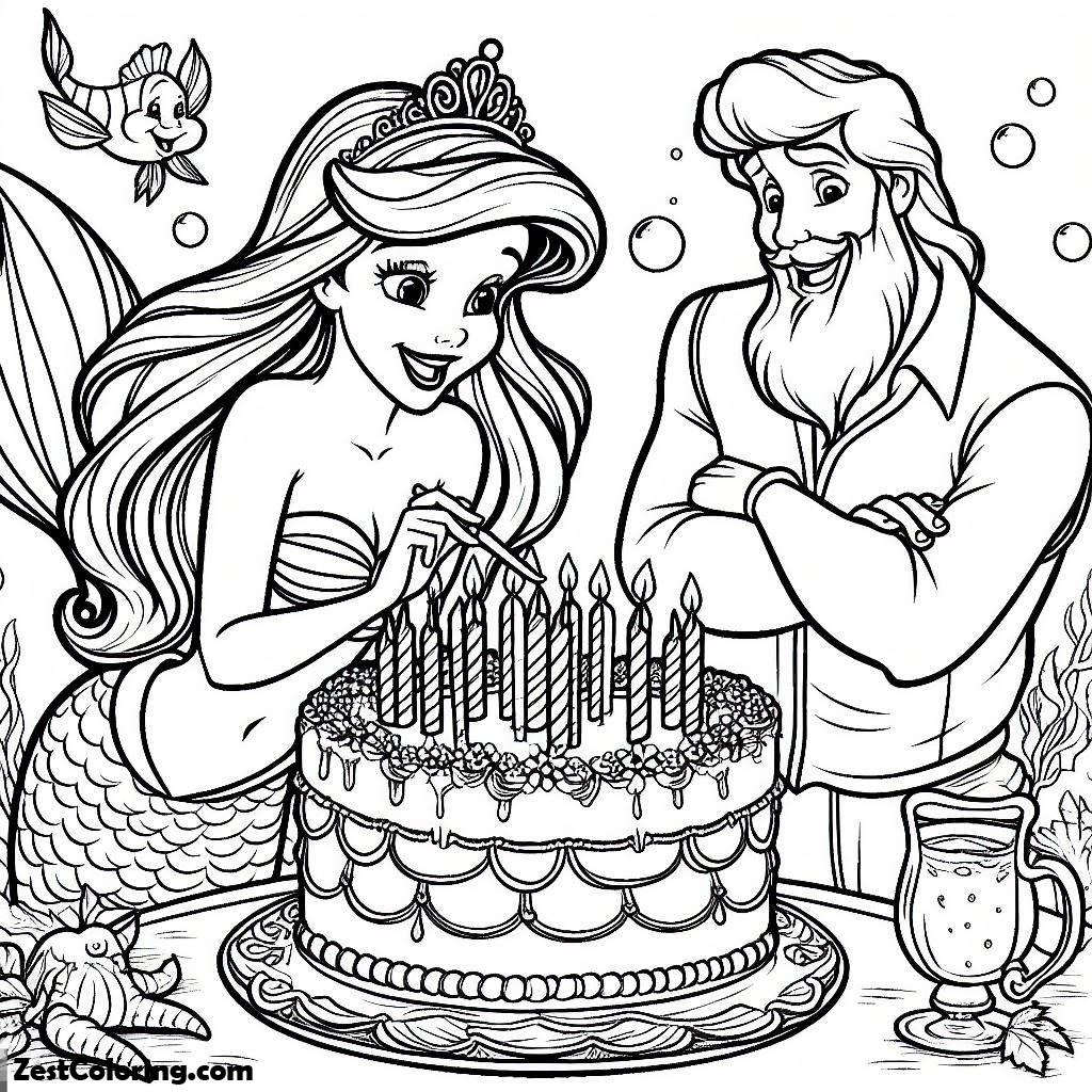 Ariel Cutting Birthday Cake For King Triton Coloring Page : Coloring ...
