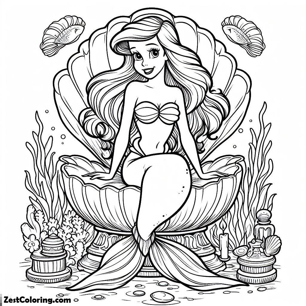 Ariel, Ariel Sitting On Clam Throne Coloring Page: Ariel Sitting On Clam Throne Coloring PageFull Size Image