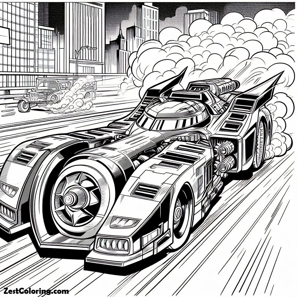Batman, Batman And Bat Mobile In Action Coloring Page 3: Batman And Bat Mobile In Action Coloring Page 3Full Size Image