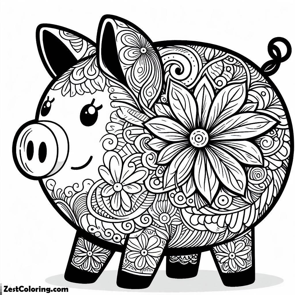 Piggy Bank, Beautiful Floral Piggy Bank Coloring Page: Beautiful Floral Piggy Bank Coloring PageFull Size Image