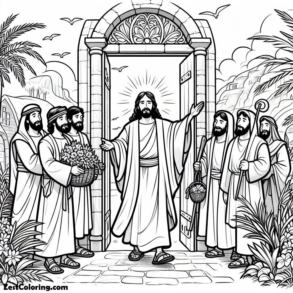 Palm Sunday, Cartoon Of Jesus Entrance In Palm Sunday Coloring Page: Cartoon Of Jesus Entrance In Palm Sunday Coloring PageFull Size Image