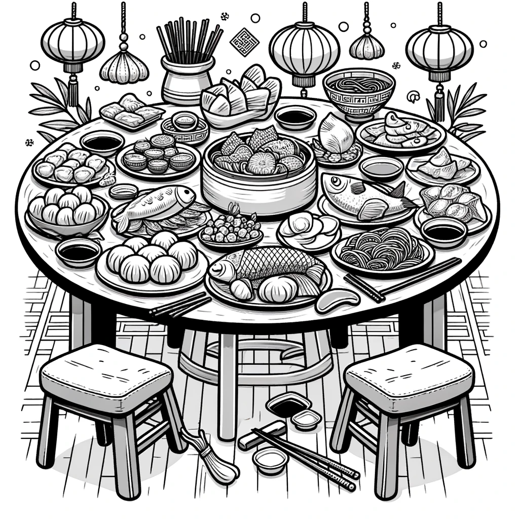 Chinese New Year, Chinese New Year Feast Colorng Page Coloring Page: Chinese New Year Feast Colorng PageFull Size Image