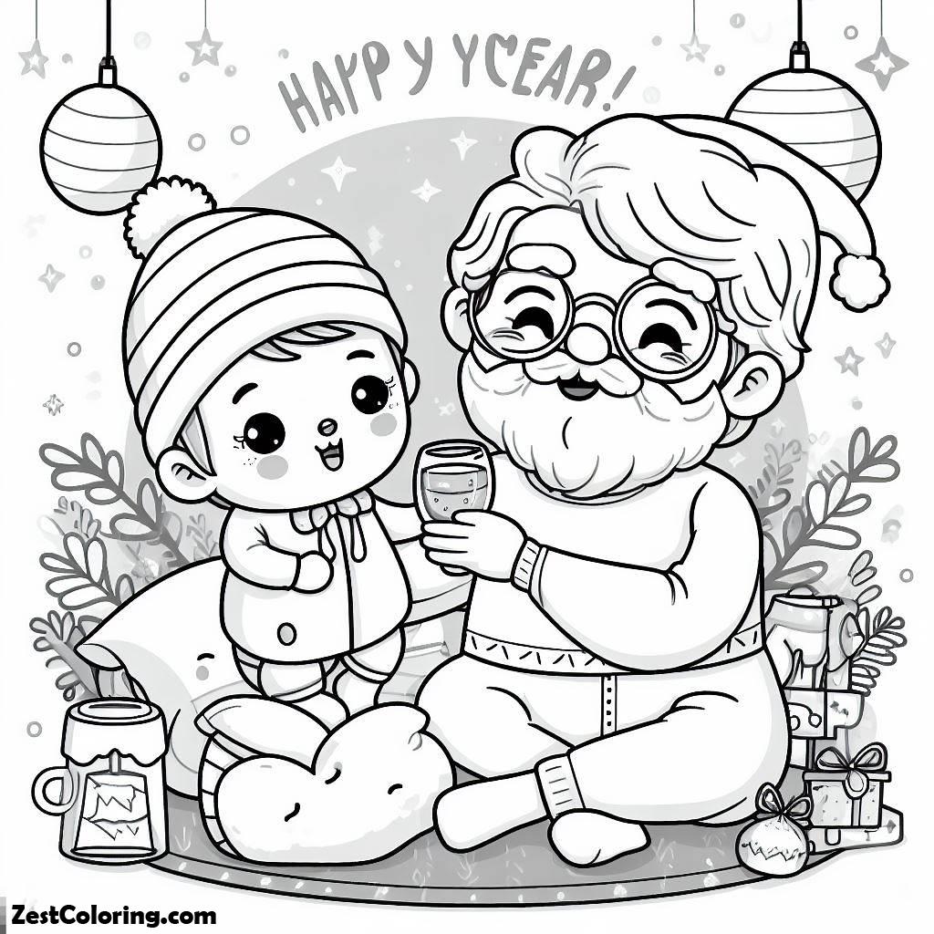 Happy New Year 2024, Cute Baby Celebrate New Year With His GrandPa On 2024 New Year Coloring Page: Cute Baby Celebrate New Year With His GrandPa On 2024 New Year Coloring PageFull Size Image