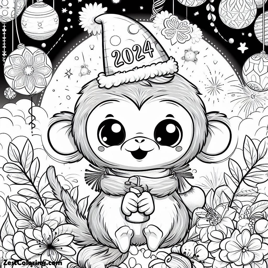 Happy New Year 2024, Cute Monkey On New Years Eve Celebration On 2024 New Year Coloring Page: Cute Monkey On New Years Eve Celebration On 2024 New Year Coloring PageFull Size Image