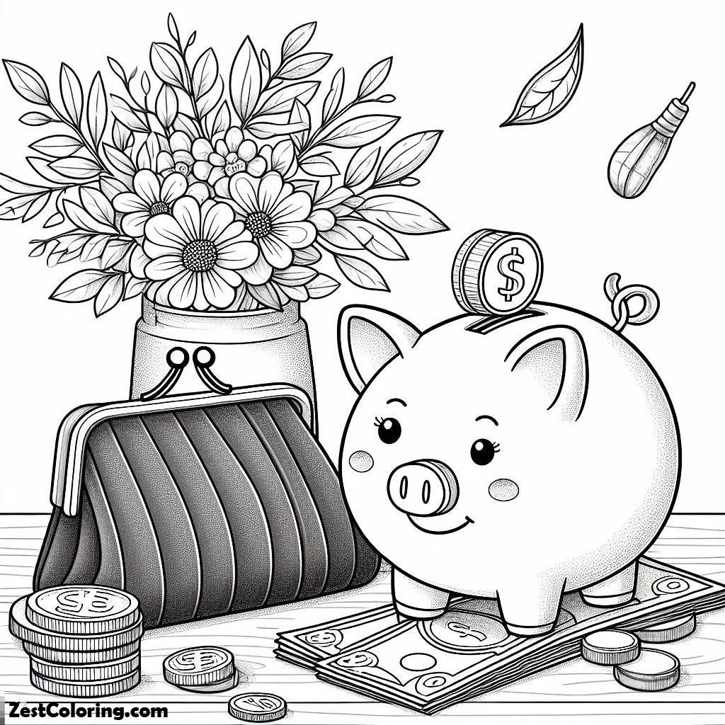 Piggy Bank, Cute Piggy Bank And Purse Coloring Page: Cute Piggy Bank And Purse Coloring PageFull Size Image