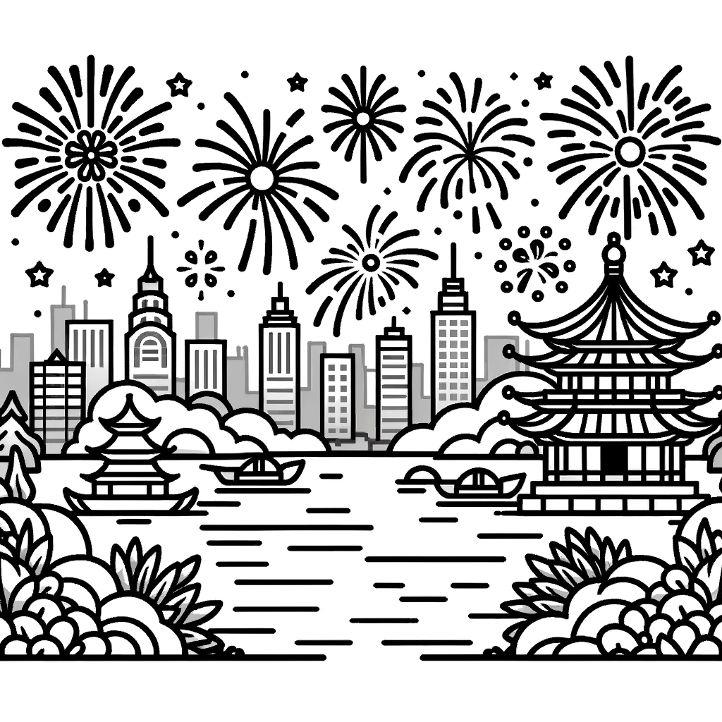 Chinese New Year, Download Fireworks Over A River And A Traditional Chinese Pagoda Chinese New Year Coloring Page: Download Fireworks Over A River And A Traditional Chinese Pagoda Chinese New Year Coloring PageFull Size Image