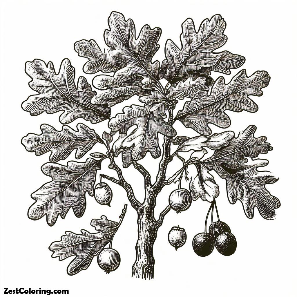 Oak Tree, Drawing Of An Oak Tree Leaf And Fruit Coloring Page: Drawing Of An Oak Tree Leaf And Fruit Coloring PageFull Size Image
