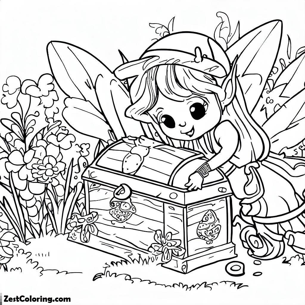 Garden, Fairy Give Treasure Chest In Garden Coloring Pages: Fairy Give Treasure Chest In Garden Coloring PagesFull Size Image