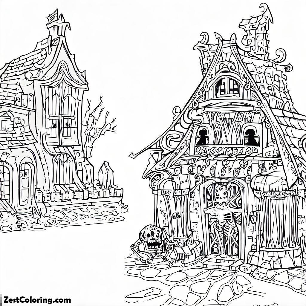 House, Fantasy Ghost House And Skeleton In Houses Coloring Page: Fantasy Ghost House And Skeleton In Houses Coloring PageFull Size Image