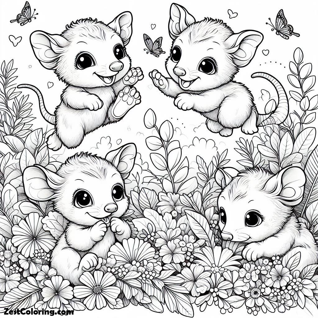 Possum, Four Possum Playing Together Coloring Page: Four Possum Playing Together Coloring PageFull Size Image