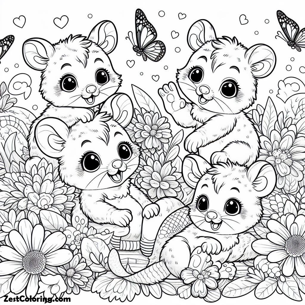 Possum, Four Possums Have Fun Together Coloring Page: Four Possums Have Fun Together Coloring PageFull Size Image