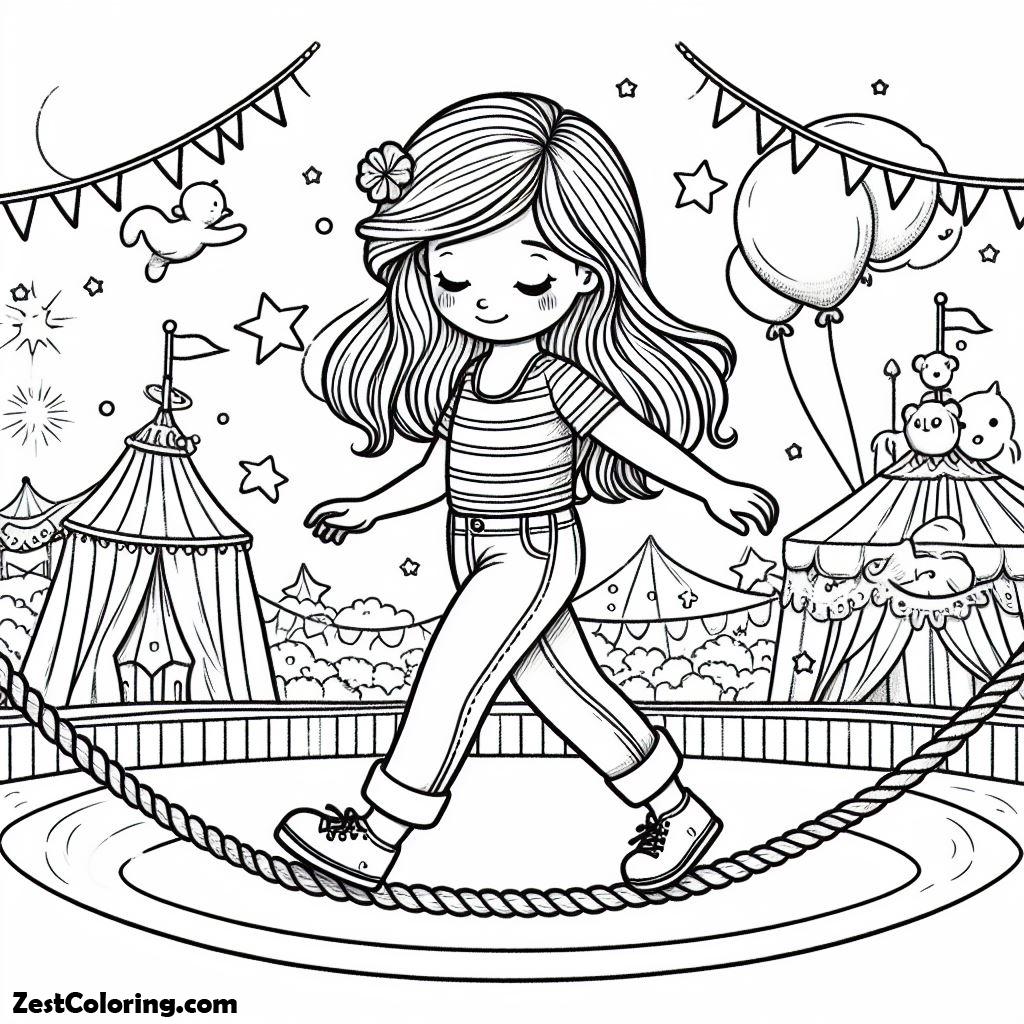 Circus, Girl Walking On A Rope At Circus Show Coloring Page: Girl Walking On A Rope At Circus Show Coloring PageFull Size Image
