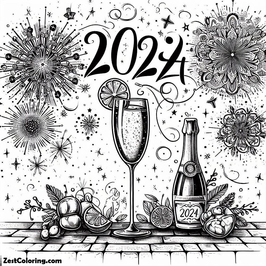 Happy New Year 2024, Glass Of Campagne And Fireworks On 2024 New Year Coloring Page: Glass Of Campagne And Fireworks On 2024 New Year Coloring PageFull Size Image