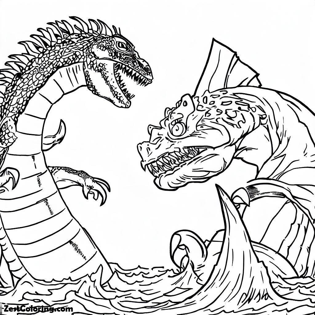 Godzilla, Godzilla Facing Sea Monster Coloring Pages: Godzilla Facing Sea Monster Coloring PagesFull Size Image