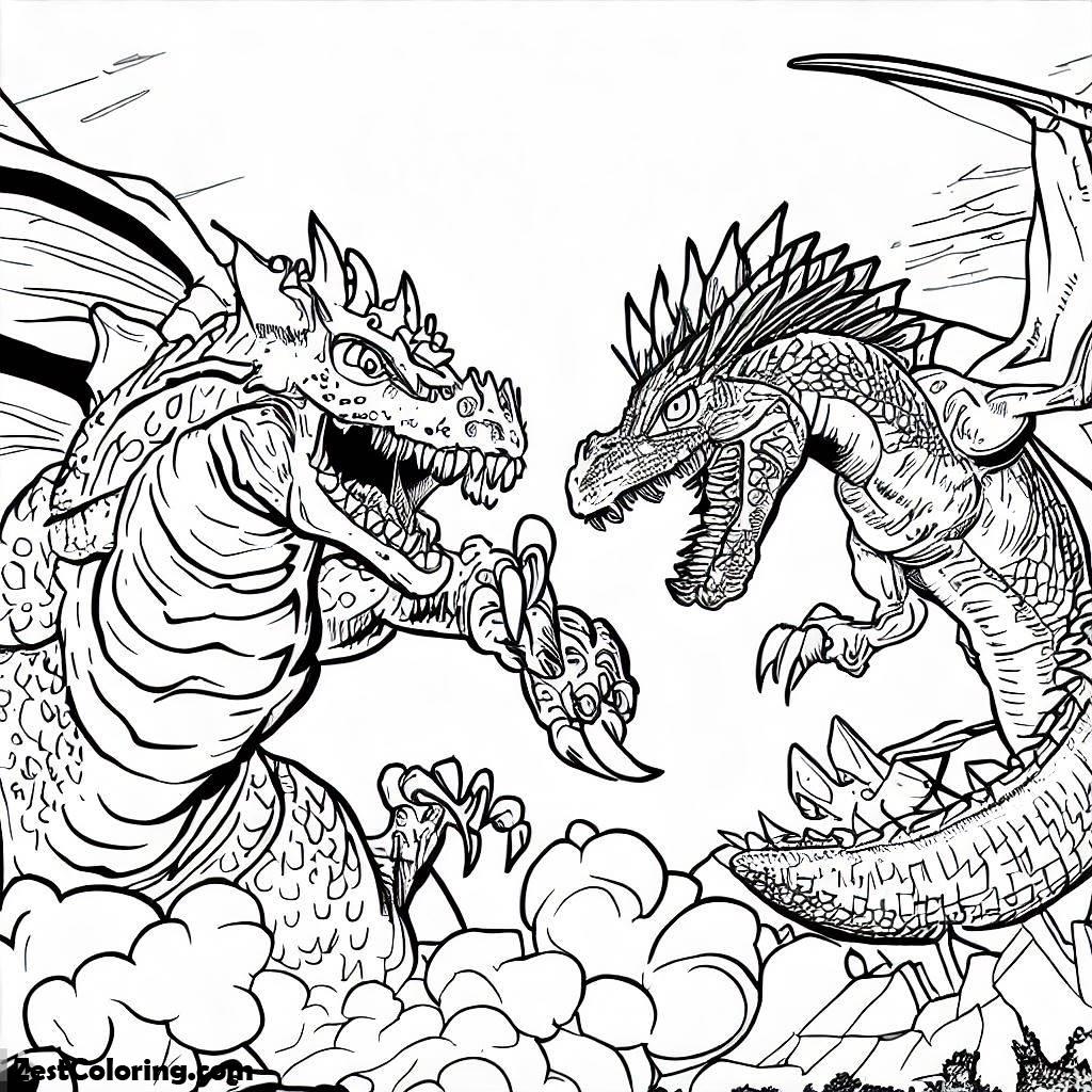 Godzilla, Great Fight Of Godzilla And Dragon Coloring Pages: Great Fight Of Godzilla And Dragon Coloring PagesFull Size Image