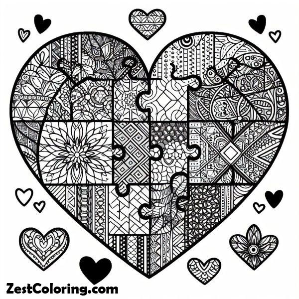 Valentine Day, : Heart-shaped puzzle coloring page for valentine's day party