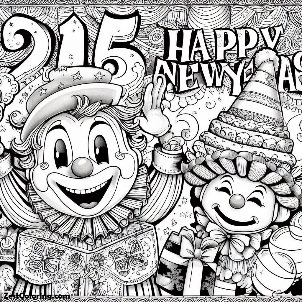 Happy New Year 2024, Joyful And Happy New Years Says The Clown On New Year Coloring Page: Joyful And Happy New Years Says The Clown On New Year Coloring PageFull Size Image