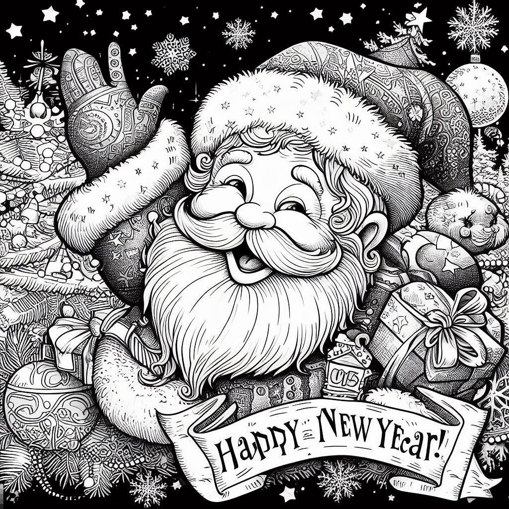 Happy New Year 2024, Joyful And Happy Santa Greetings On New Year Coloring Page: Joyful And Happy Santa Greetings On New Year Coloring PageFull Size Image