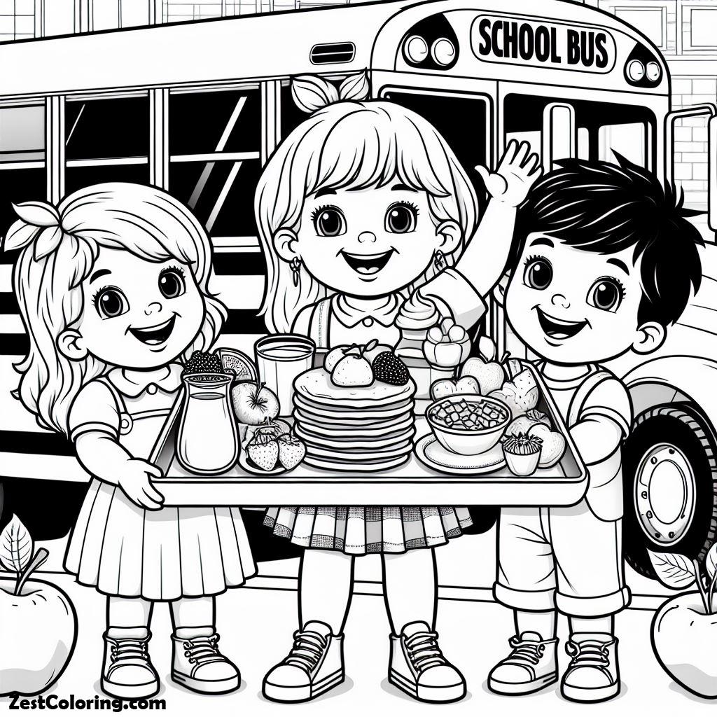 Breakfast, Kids Carrying Their Breakfast Coloring Page: Kids Carrying Their Breakfast Coloring PageFull Size Image