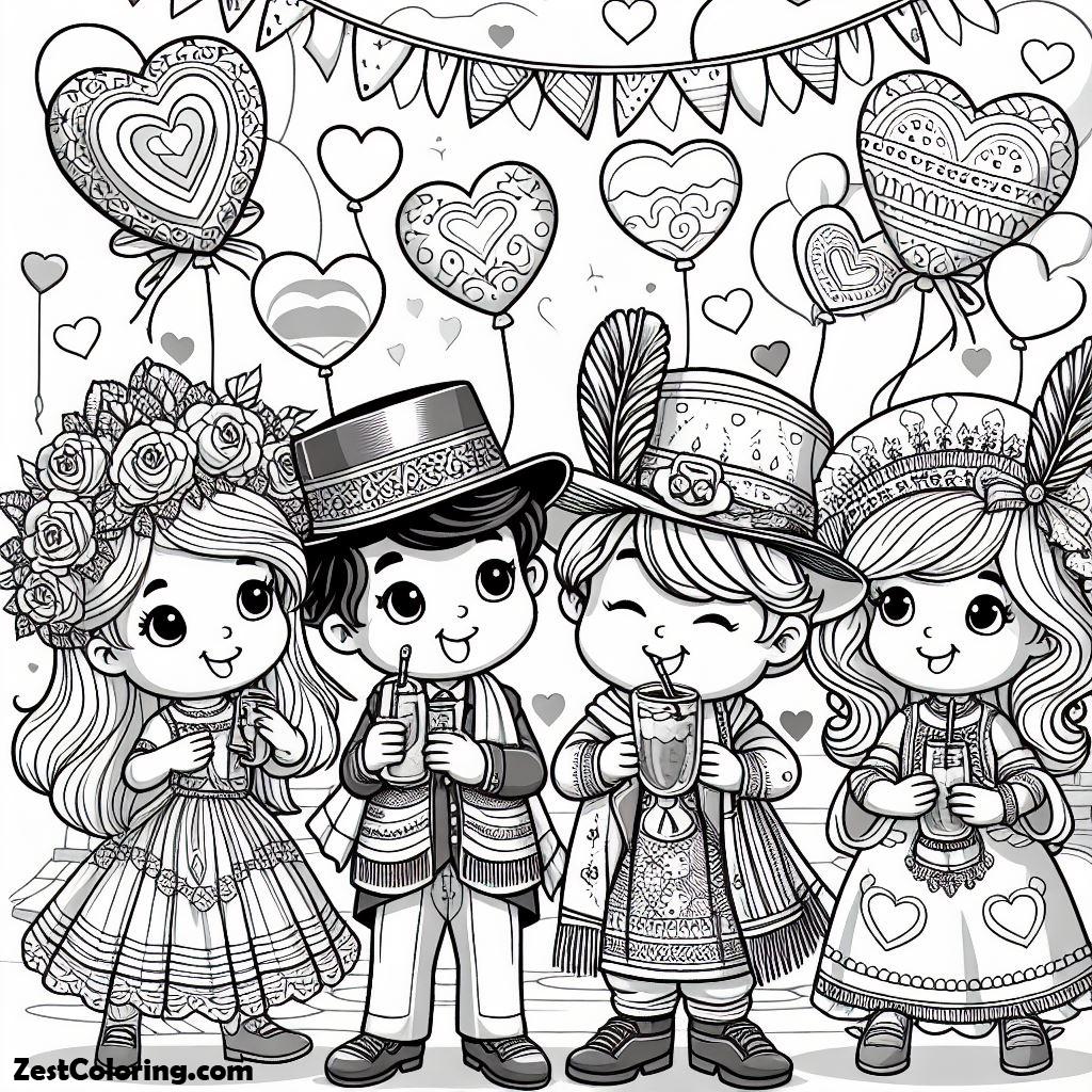 Kids Celebrating Valentin’s Day Coloring Page Coloring for Kids