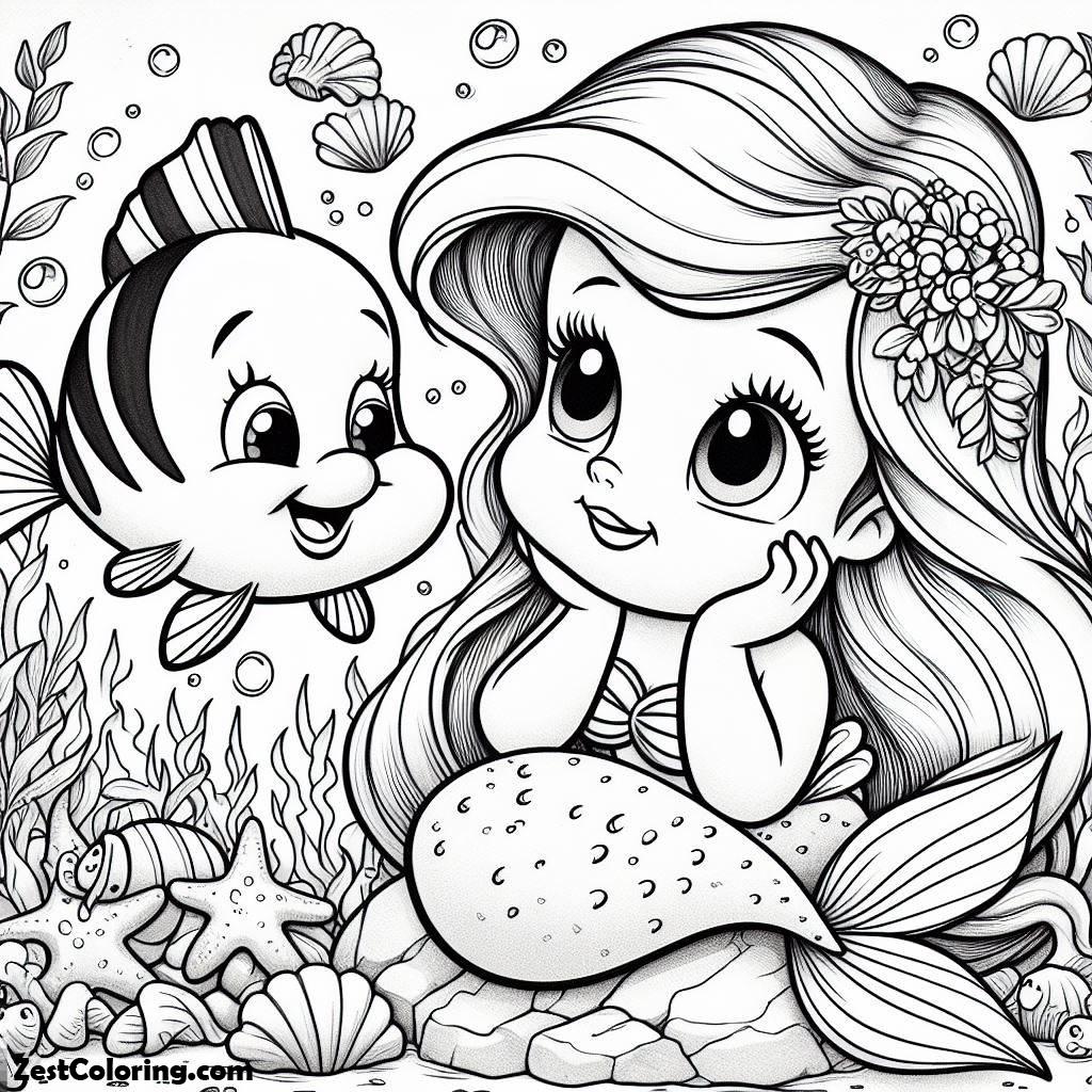 Ariel, Little Ariel And Baby Flounder Coloring Page: Little Ariel And Baby Flounder Coloring PageFull Size Image
