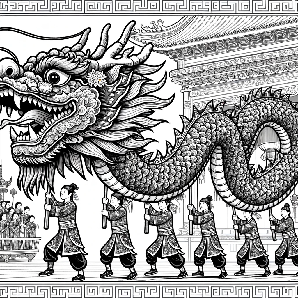 Chinese New Year, Man Perform Dragon Dance In Chinese New Year Festival Coloring Page: Man Perform Dragon Dance In Chinese New Year Festival Coloring PageFull Size Image