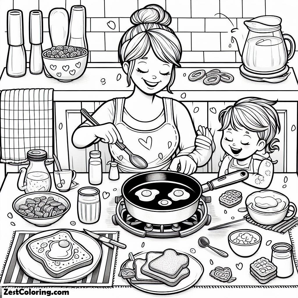 Breakfast, Mother Cook For Breakfast Coloring Page: Mother Cook For Breakfast Coloring PageFull Size Image