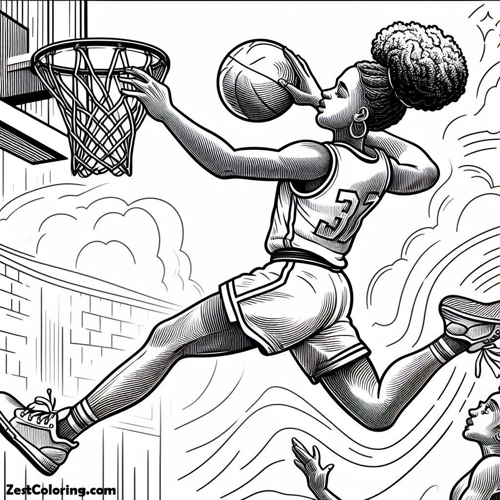 NBA, NBA Woman Player Drive Through The Basket Coloring Page: NBA Woman Player Drive Through The Basket Coloring PageFull Size Image