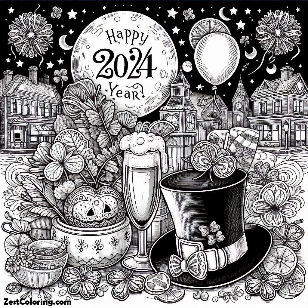 Happy New Year 2024, New Years Eve Celebration With Irish Shamrocks On 2024 New Year Coloring Page: New Years Eve Celebration With Irish Shamrocks On 2024 New Year Coloring PageFull Size Image