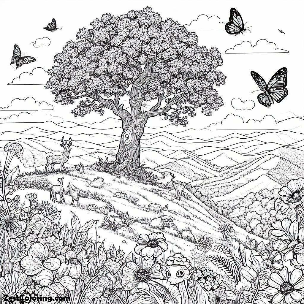 Oak Tree, Oak Tree Up At Hill Coloring Page: Oak Tree Up At Hill Coloring PageFull Size Image