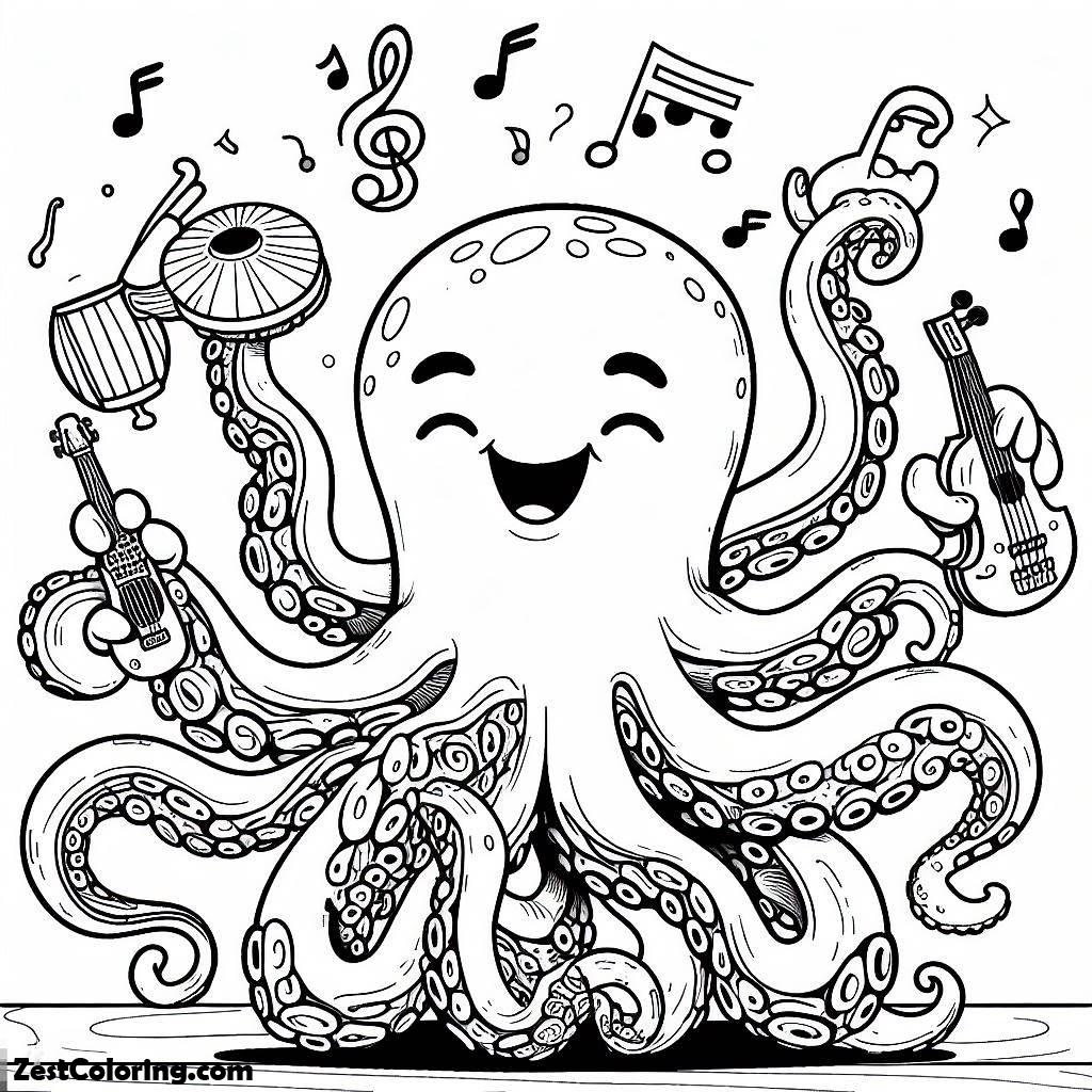 octopus, Octopus Playing So Many Music Instrumen Coloring Page: Octopus Playing So Many Music Instrumen Coloring PageFull Size Image